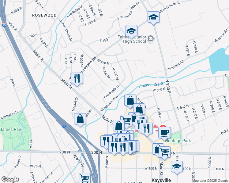 map of restaurants, bars, coffee shops, grocery stores, and more near 399 Creekside Lane in Kaysville
