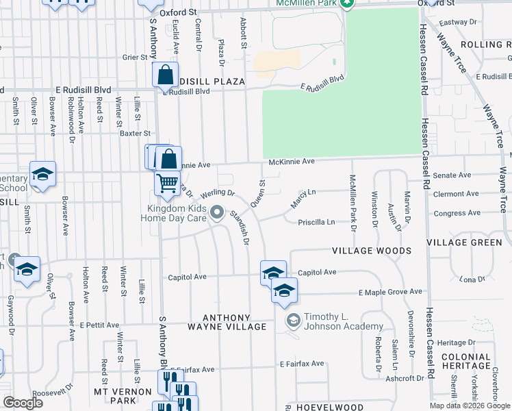 map of restaurants, bars, coffee shops, grocery stores, and more near 4331 Queen Street in Fort Wayne