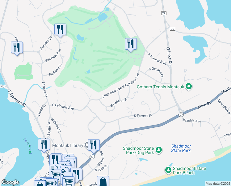 map of restaurants, bars, coffee shops, grocery stores, and more near 107 South Fairview Avenue in Montauk