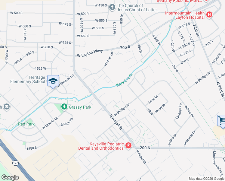 map of restaurants, bars, coffee shops, grocery stores, and more near 2135 West 550 North in Kaysville