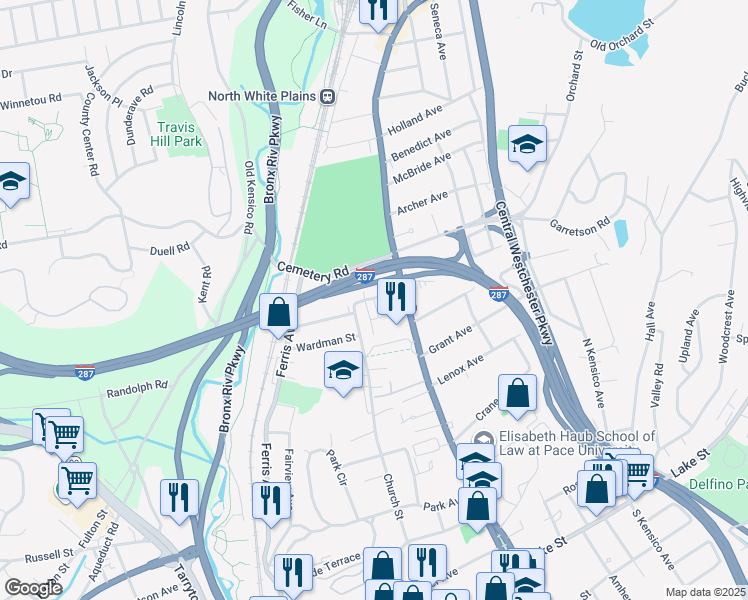 map of restaurants, bars, coffee shops, grocery stores, and more near 11 Westview Avenue in White Plains