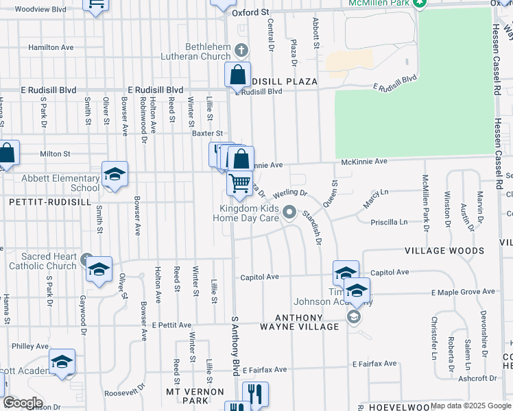 map of restaurants, bars, coffee shops, grocery stores, and more near 4304 Southwest Anthony Wayne Drive in Fort Wayne
