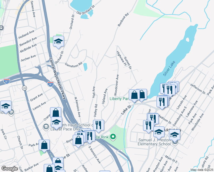 map of restaurants, bars, coffee shops, grocery stores, and more near 65 Upland Avenue in White Plains