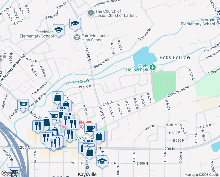 map of restaurants, bars, coffee shops, grocery stores, and more near 150 East 600 North in Kaysville