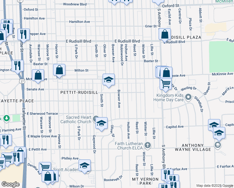 map of restaurants, bars, coffee shops, grocery stores, and more near 4402 Bowser Avenue in Fort Wayne