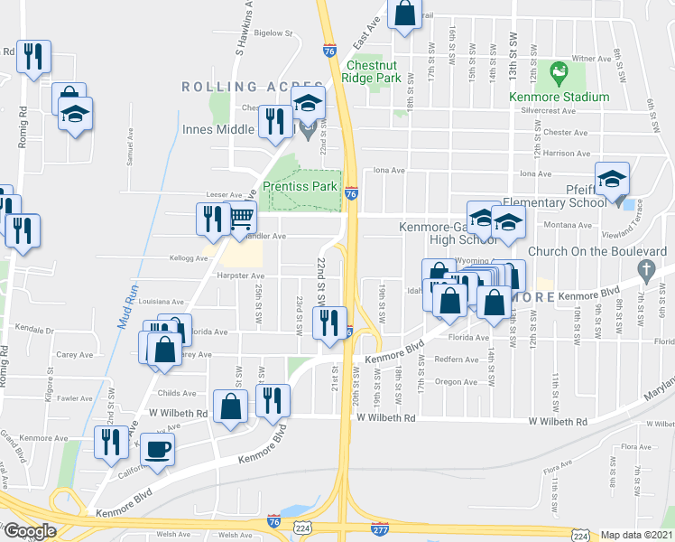 map of restaurants, bars, coffee shops, grocery stores, and more near 1069 Harpster Ave in Akron
