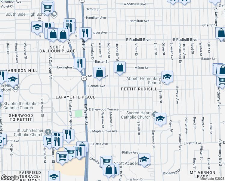 map of restaurants, bars, coffee shops, grocery stores, and more near 4424 Hanna Street in Fort Wayne