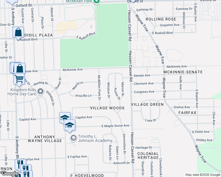 map of restaurants, bars, coffee shops, grocery stores, and more near 4421 Winston Drive in Fort Wayne