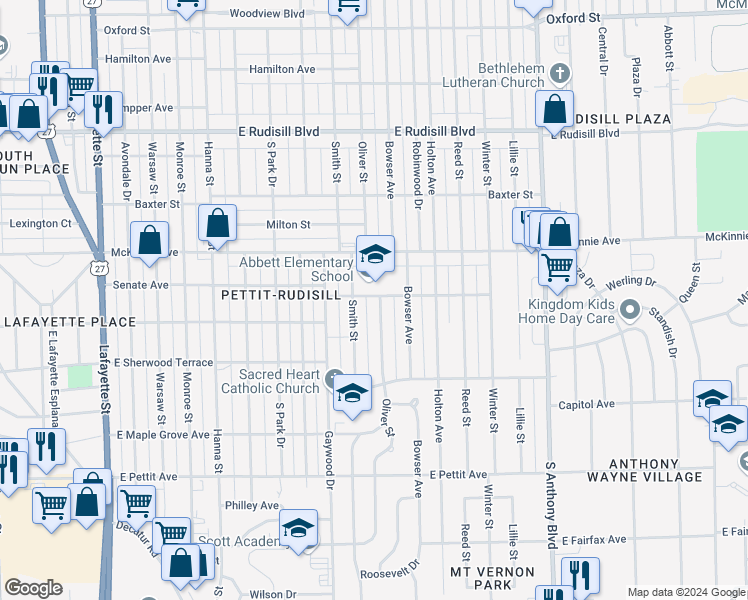 map of restaurants, bars, coffee shops, grocery stores, and more near 1119 Senate Avenue in Fort Wayne