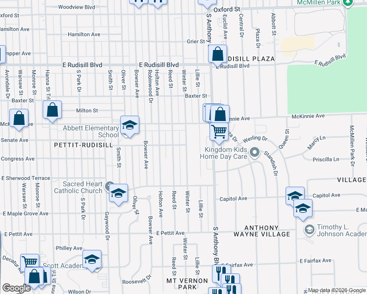 map of restaurants, bars, coffee shops, grocery stores, and more near 4404 Winter Street in Fort Wayne