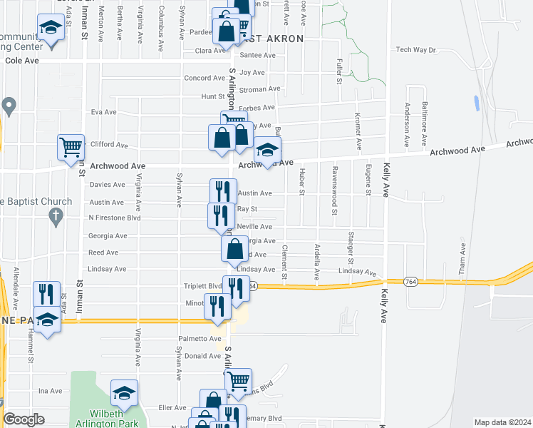 map of restaurants, bars, coffee shops, grocery stores, and more near 1056 Ray Street in Akron
