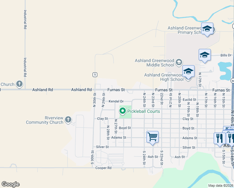 map of restaurants, bars, coffee shops, grocery stores, and more near 2641 Furnas Street in Ashland