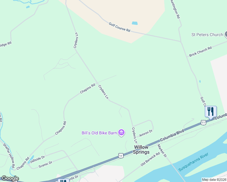 map of restaurants, bars, coffee shops, grocery stores, and more near 22 Dobler Drive in Bloomsburg