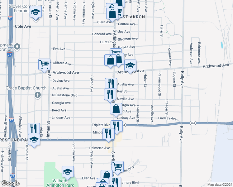 map of restaurants, bars, coffee shops, grocery stores, and more near 1011 South Arlington Street in Akron