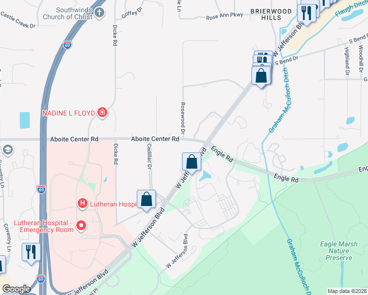 map of restaurants, bars, coffee shops, grocery stores, and more near 7527 Aboite Center Road in Fort Wayne