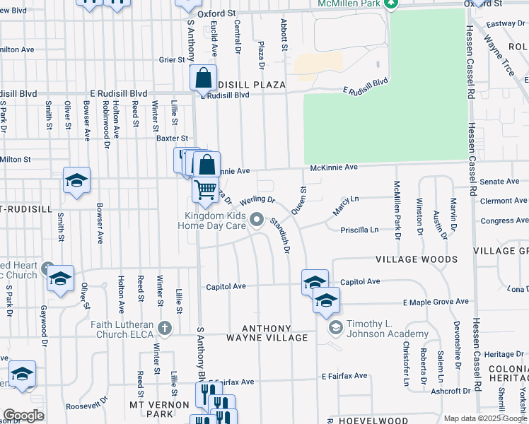 map of restaurants, bars, coffee shops, grocery stores, and more near 4401 Standish Drive in Fort Wayne