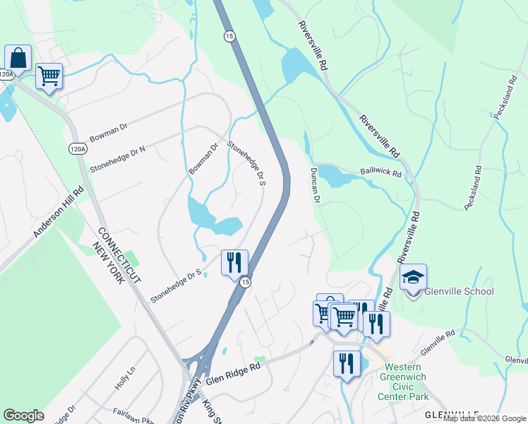 map of restaurants, bars, coffee shops, grocery stores, and more near 53 Stonehedge Drive South in Greenwich