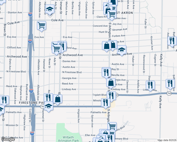 map of restaurants, bars, coffee shops, grocery stores, and more near 885 North Firestone Boulevard in Akron