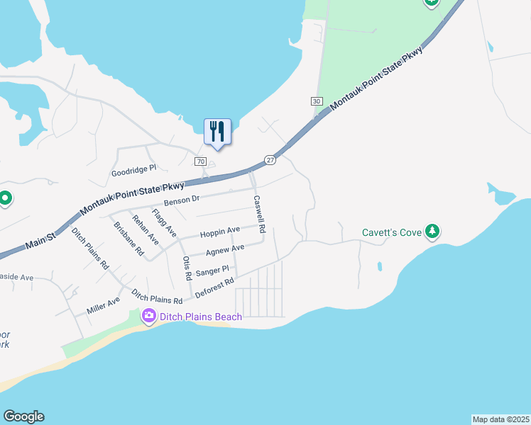 map of restaurants, bars, coffee shops, grocery stores, and more near 23 Caswell Road in Montauk