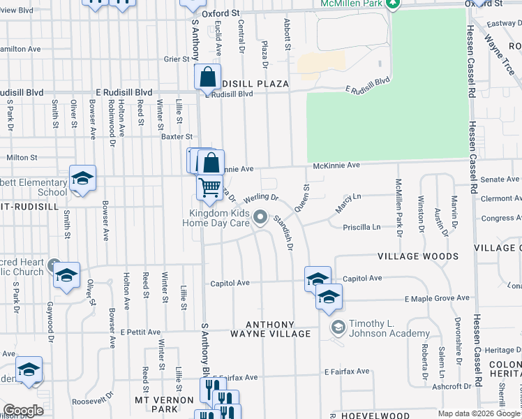 map of restaurants, bars, coffee shops, grocery stores, and more near 4311 Standish Drive in Fort Wayne