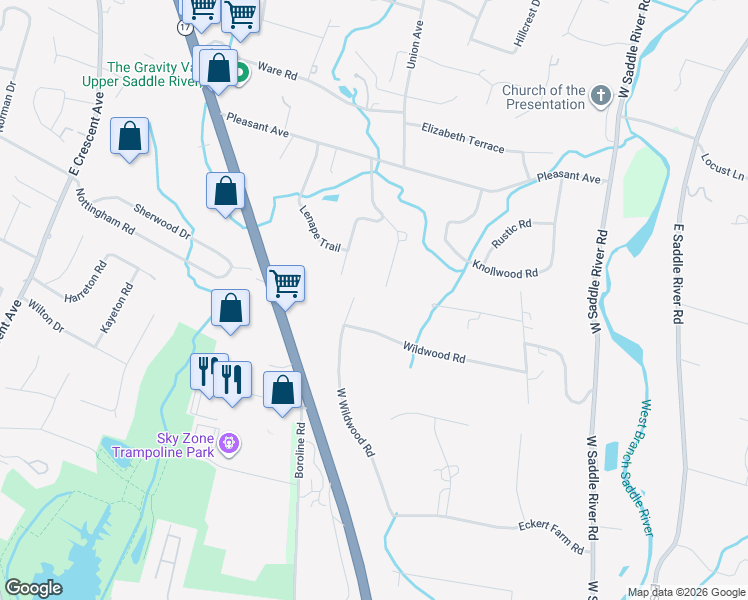 map of restaurants, bars, coffee shops, grocery stores, and more near 70 W Wildwood Rd in Saddle River