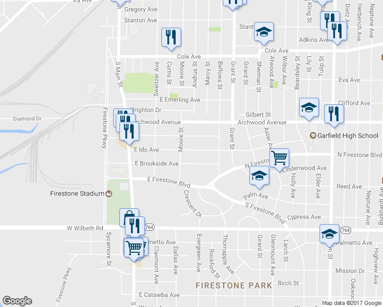 map of restaurants, bars, coffee shops, grocery stores, and more near 144 East Ido Avenue in Akron