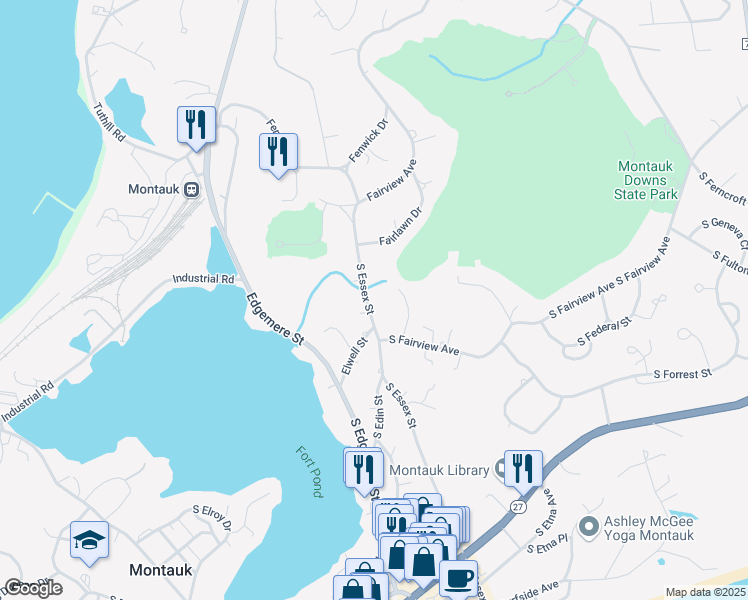 map of restaurants, bars, coffee shops, grocery stores, and more near 212 Essex Street in Montauk