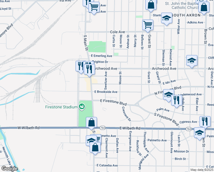 map of restaurants, bars, coffee shops, grocery stores, and more near 62 East Ido Avenue in Akron