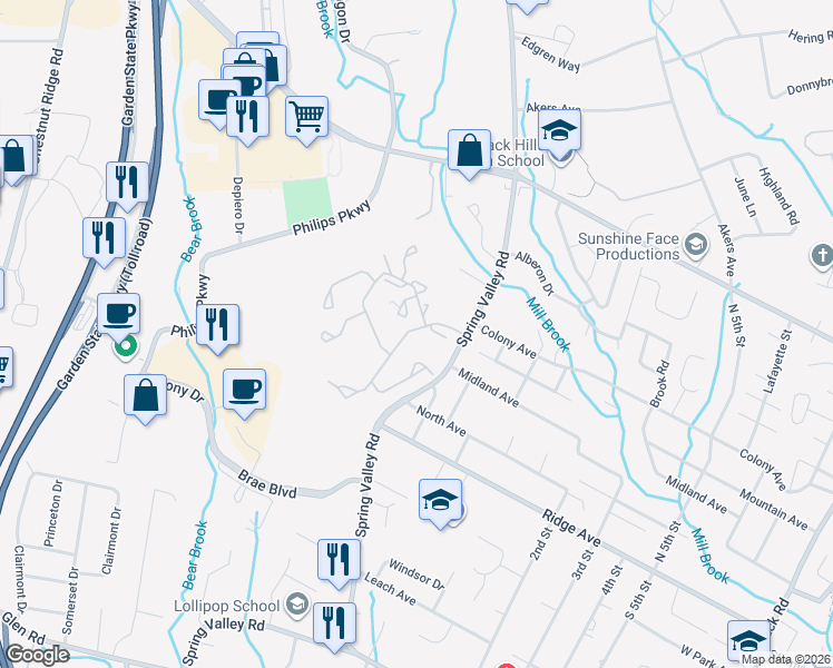 map of restaurants, bars, coffee shops, grocery stores, and more near 256 Bearwoods Road in Park Ridge