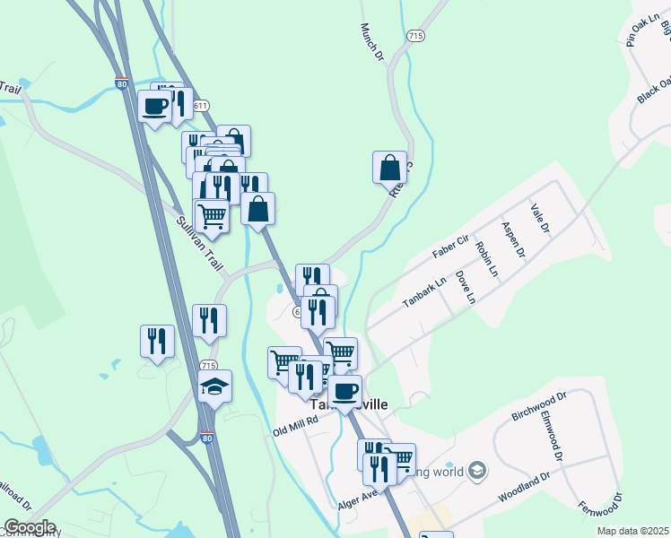 map of restaurants, bars, coffee shops, grocery stores, and more near 2720 Pennsylvania 715 in Tannersville