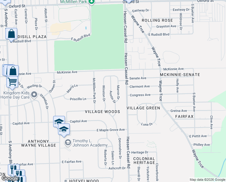 map of restaurants, bars, coffee shops, grocery stores, and more near 4424 Marvin Drive in Fort Wayne