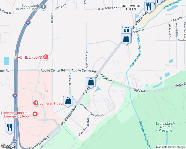 map of restaurants, bars, coffee shops, grocery stores, and more near 7515 Aboite Center Road in Fort Wayne