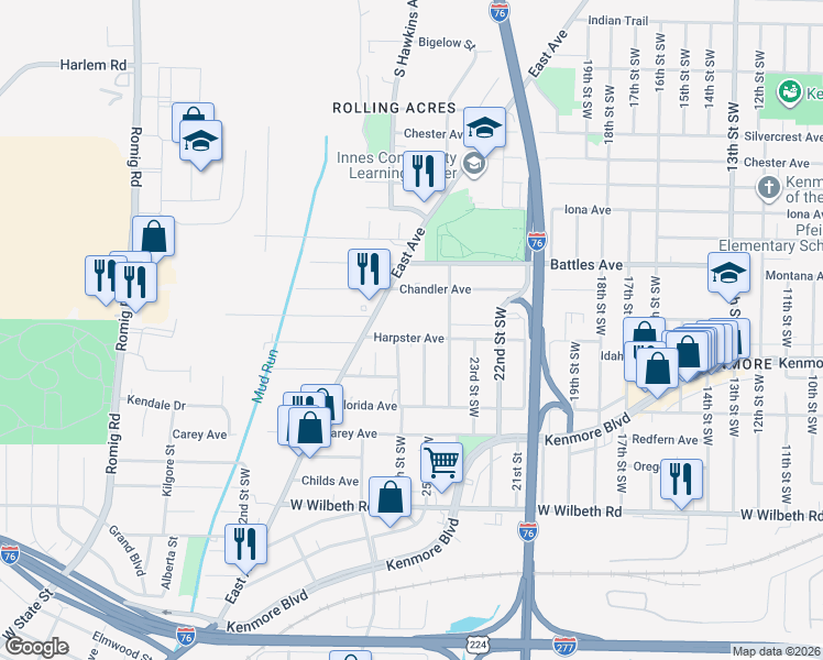map of restaurants, bars, coffee shops, grocery stores, and more near 1187 Harpster Ave in Akron