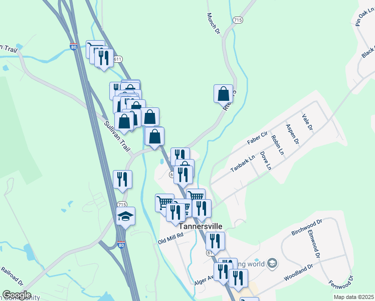 map of restaurants, bars, coffee shops, grocery stores, and more near 2720 Pennsylvania 715 in Tannersville