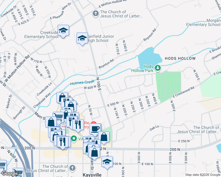 map of restaurants, bars, coffee shops, grocery stores, and more near 150 East 600 North in Kaysville