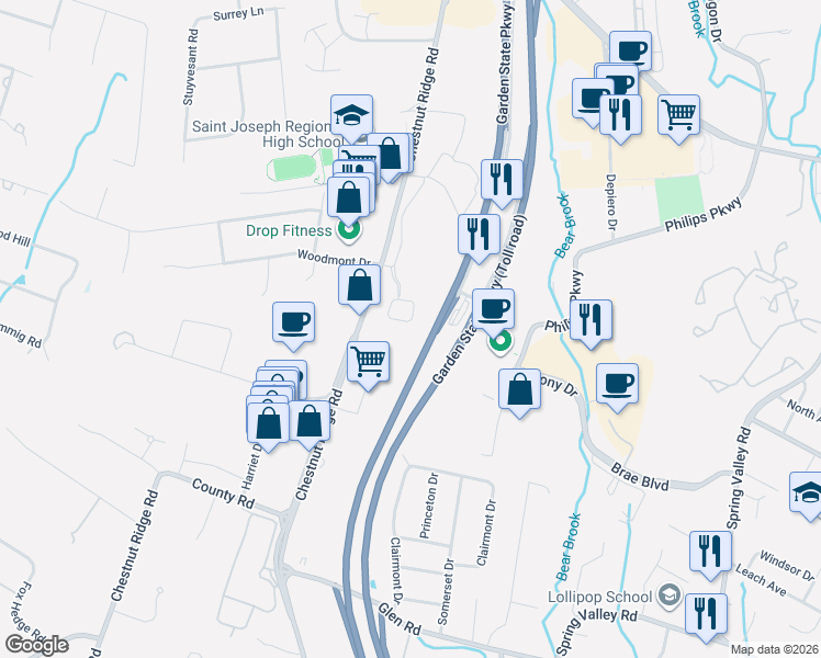 map of restaurants, bars, coffee shops, grocery stores, and more near 408 Four Seasons Lane in Montvale