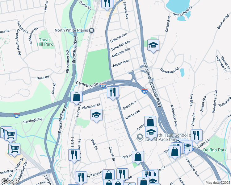 map of restaurants, bars, coffee shops, grocery stores, and more near 144 North Broadway in White Plains