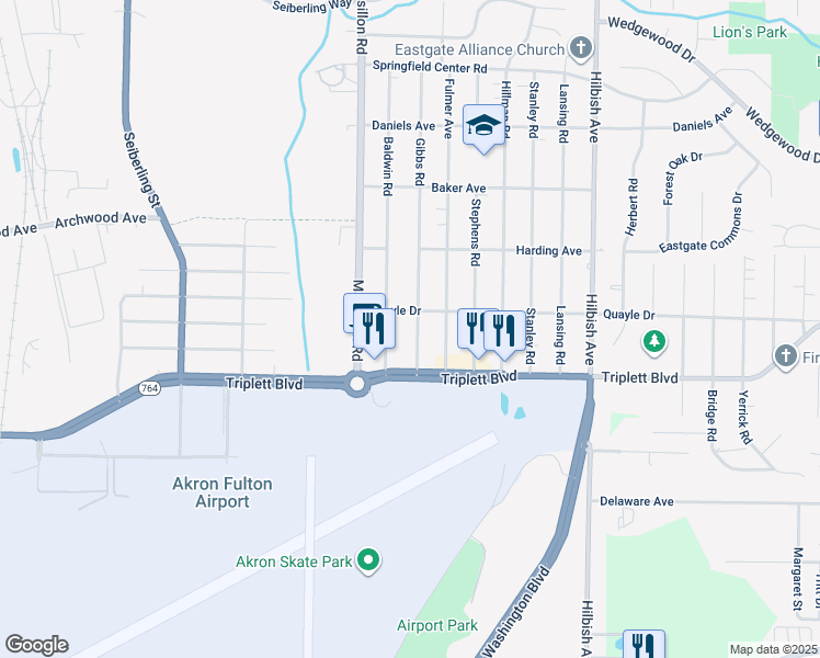 map of restaurants, bars, coffee shops, grocery stores, and more near 613 Gibbs Road in Akron