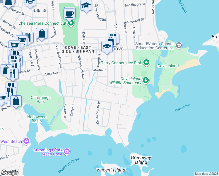 map of restaurants, bars, coffee shops, grocery stores, and more near 30 Lewelyn Road in Stamford