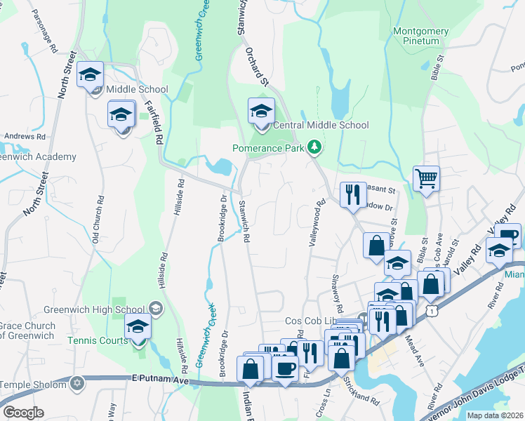 map of restaurants, bars, coffee shops, grocery stores, and more near 33 Bote Road in Greenwich