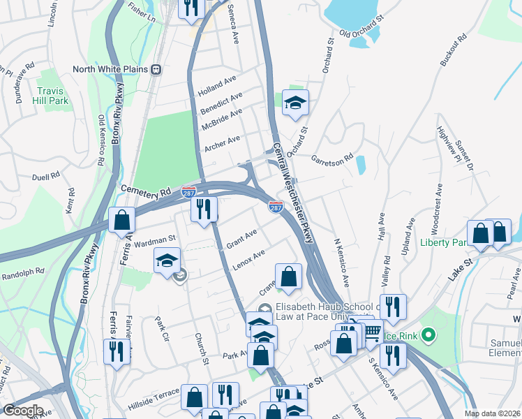 map of restaurants, bars, coffee shops, grocery stores, and more near 76 Grant Avenue in White Plains