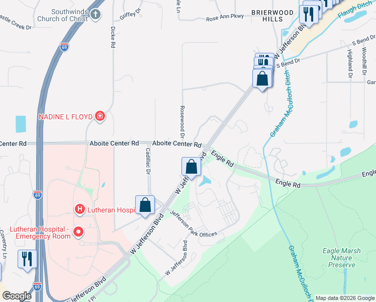 map of restaurants, bars, coffee shops, grocery stores, and more near 7515 Aboite Center Road in Fort Wayne