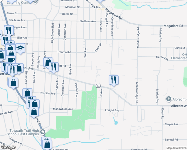 map of restaurants, bars, coffee shops, grocery stores, and more near 338 Kreiner Avenue in Akron