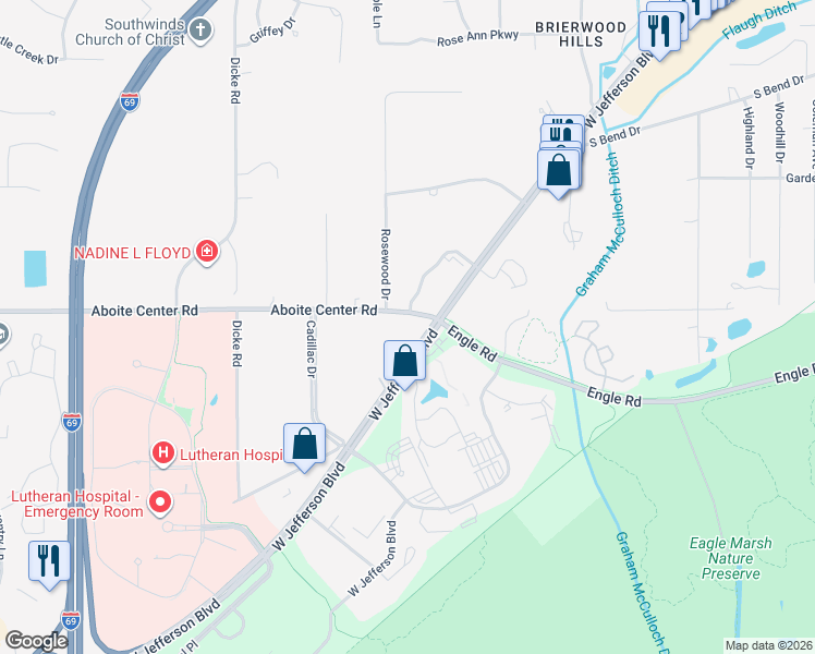map of restaurants, bars, coffee shops, grocery stores, and more near 7515 Aboite Center Road in Fort Wayne