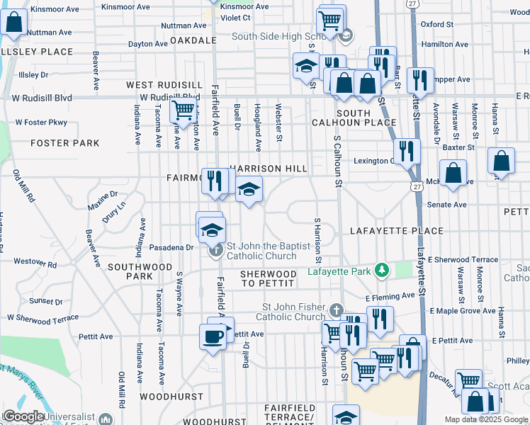 map of restaurants, bars, coffee shops, grocery stores, and more near 398 South Cornell Circle in Fort Wayne