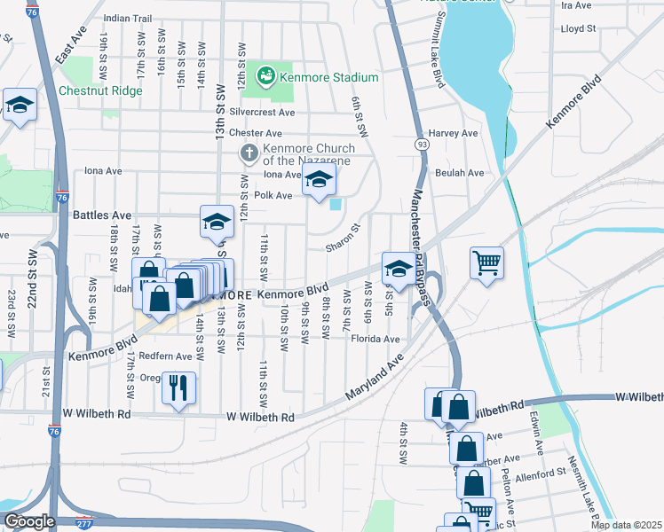 map of restaurants, bars, coffee shops, grocery stores, and more near 2155 8th Street Southwest in Akron