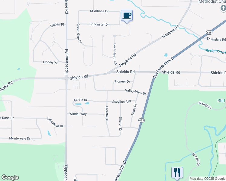 map of restaurants, bars, coffee shops, grocery stores, and more near 1300 Valley-View Drive in Boardman