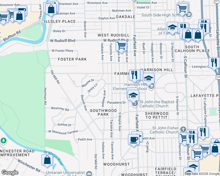 map of restaurants, bars, coffee shops, grocery stores, and more near 4316 Tacoma Avenue in Fort Wayne