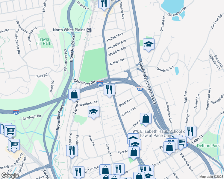 map of restaurants, bars, coffee shops, grocery stores, and more near 149 North Broadway in White Plains