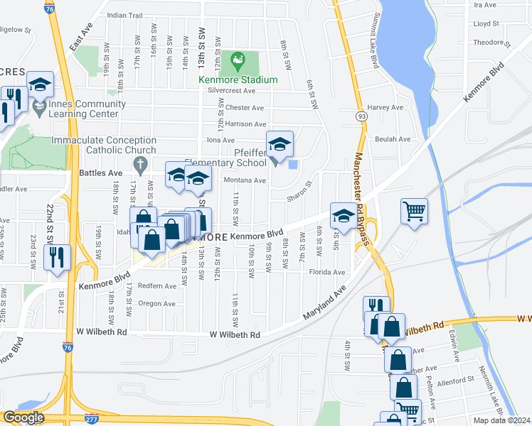 map of restaurants, bars, coffee shops, grocery stores, and more near 2158 9th Street Southwest in Akron